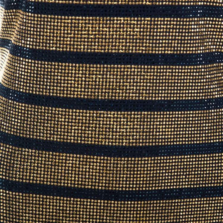 Pre Owned Balmain Gold Crystal Embellished Striped One Shoulder Mini Dress L