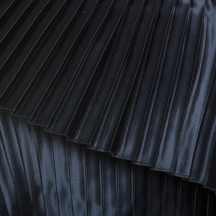 Pre Owned Balmain Midnight Blue Satin Pleated One Shoulder Crop Top S