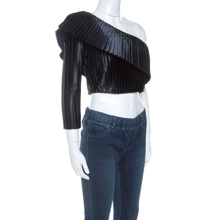 Pre Owned Balmain Midnight Blue Satin Pleated One Shoulder Crop Top S