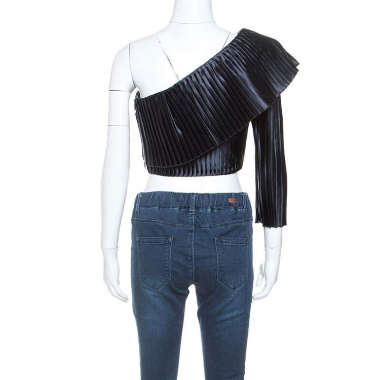 Pre Owned Balmain Midnight Blue Satin Pleated One Shoulder Crop Top S
