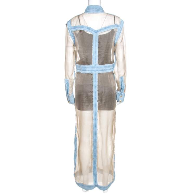 Pre Owned Balmain Bicolor Sheer Silk Panelled Denim Trim Shirt Dress L
