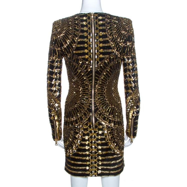 Pre Owned Balmain Gold & Black Sequin Embellished Mini Dress S