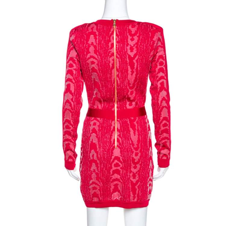 Pre Owned Balmain Red Moire Jacquard Knit Mini Dress M