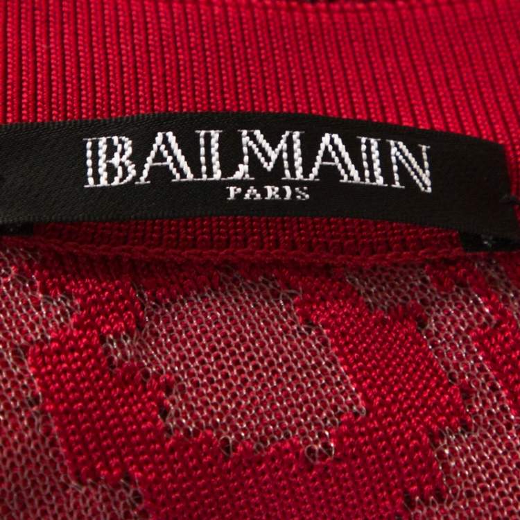 Pre Owned Balmain Red Moire Jacquard Knit Mini Dress M