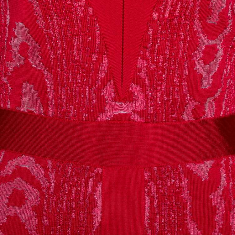 Pre Owned Balmain Red Moire Jacquard Knit Mini Dress M