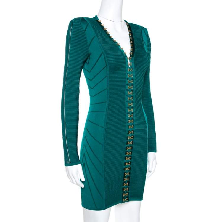 Balmain Green Rib Knit Hook & Eye Detail Mini Dress S
