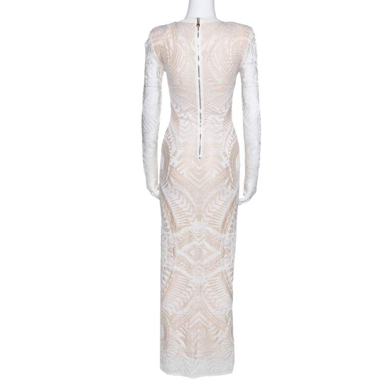 Pre Owned Balmain White Geometric Open Knit Long Sleeve Fitted Dress M