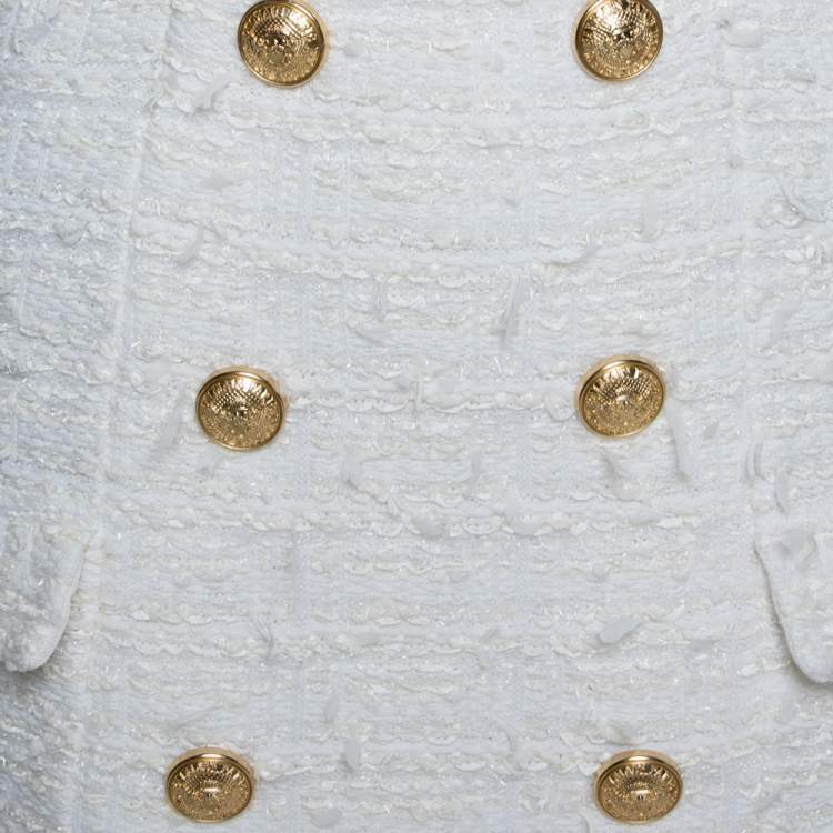 مملوكة مسبقًا Balmain White Distressed Tweed Fringe Detail Fitted Dress S 