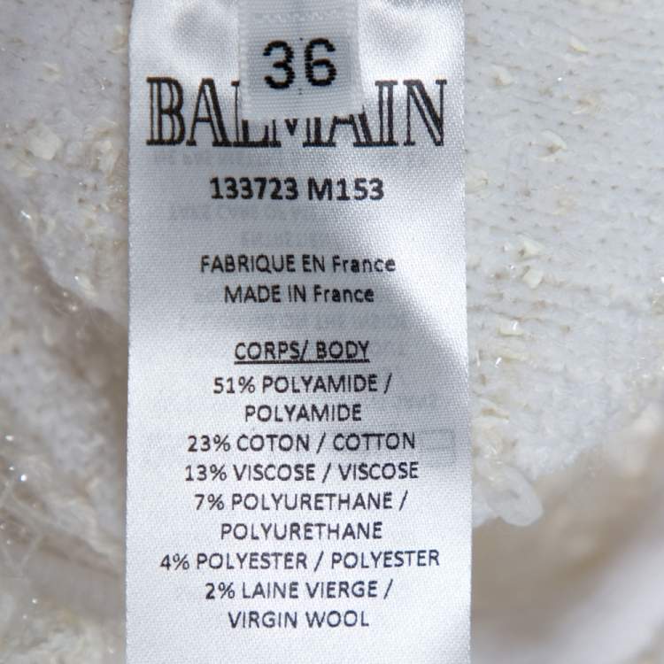 مملوكة مسبقًا Balmain White Distressed Tweed Fringe Detail Fitted Dress S 
