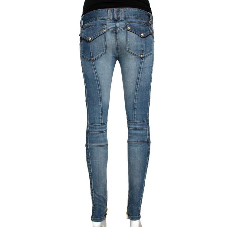 Pre Owned Balmain Blue Denim Zip Detail Skinny Jeans S