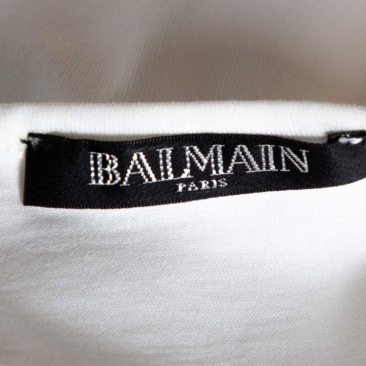 Pre Owned Balmain Off White Cotton 'Do You Speak Balmain' Embellished Sleeveless Top S 