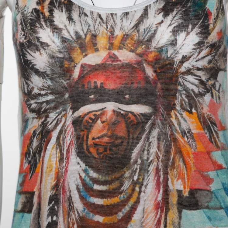 Pre Owned Balmain Pale Grey Linen Jersey Red Indian Print Sleeveless Tank Top S