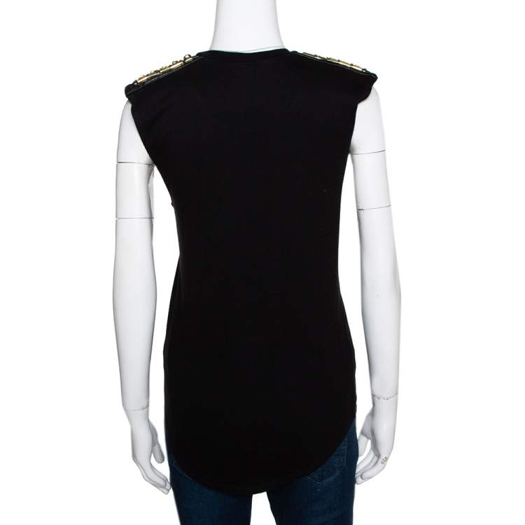 Pre Owned Balmain Black Cotton Metal & Leather Shoulder Trim Sleeveless T-Shirt S 