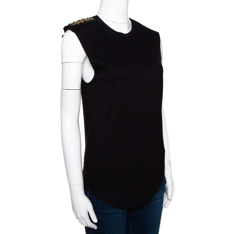 Pre Owned Balmain Black Cotton Metal & Leather Shoulder Trim Sleeveless T-Shirt S 