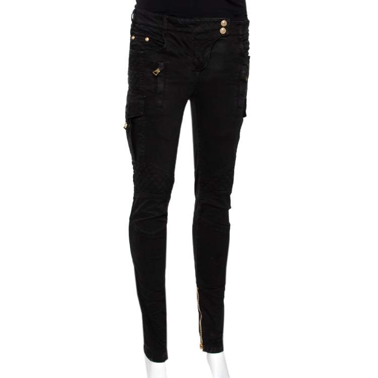 Pre Owned Balmain Black Cotton Zipper Detail Skinny Pants S