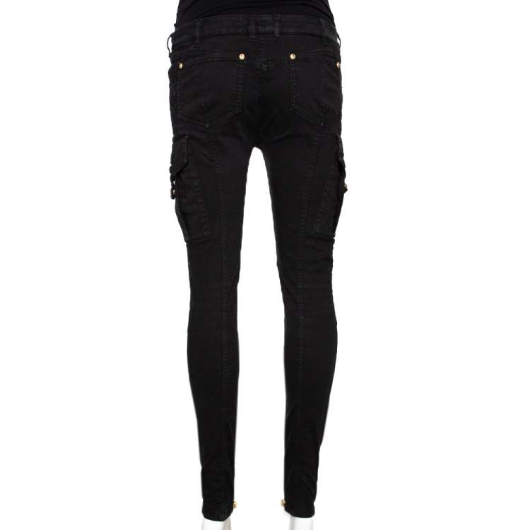 Pre Owned Balmain Black Cotton Zipper Detail Skinny Pants S
