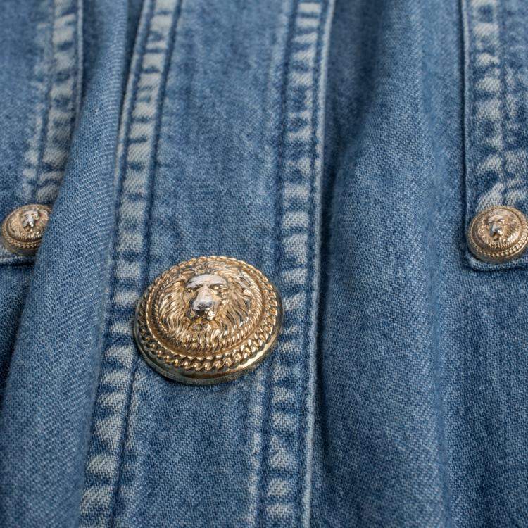 Pre Owned Balmain Blue Quilted Denim Long Sleeve Dress S