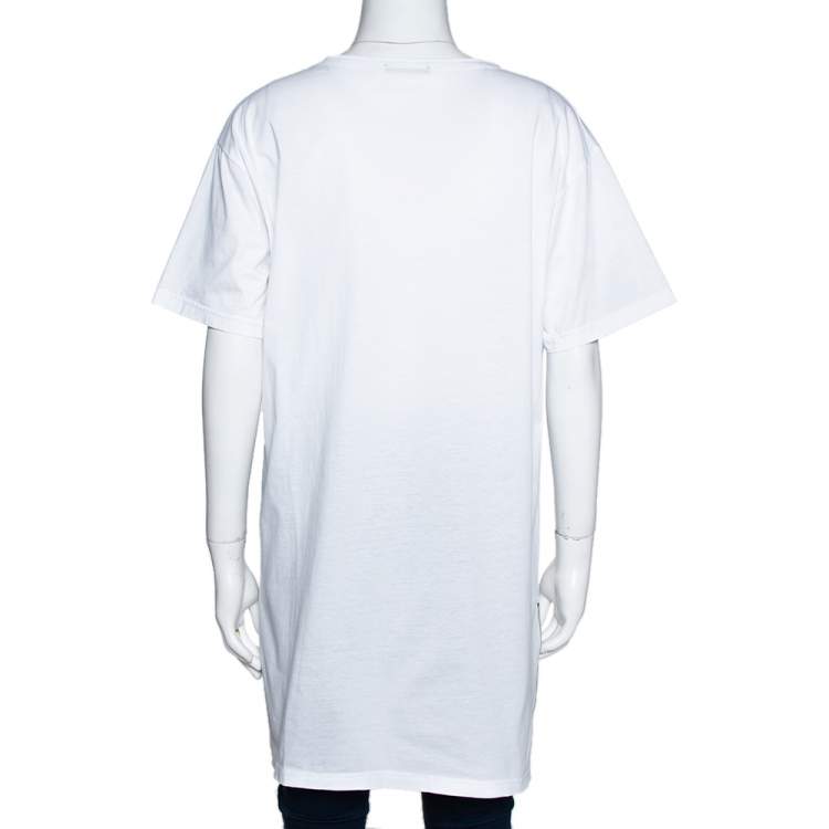 Pre Owned Balmain White Logo Print Cotton Side Zip Detail Oversized T-Shirt L