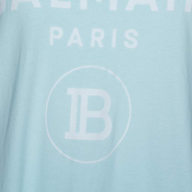 Pre Owned Balmain Light Blue Flock Logo Print Cotton Crew Neck T-Shirt L