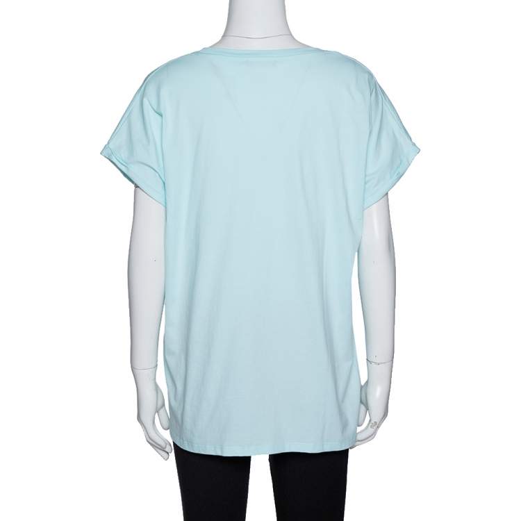Pre Owned Balmain Light Blue Flock Logo Print Cotton Crew Neck T-Shirt L