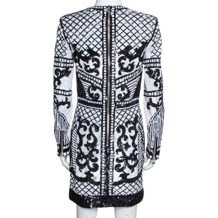 Pre Owned Balmain Monochrome Baroque Sequin Embellished Mini Dress M