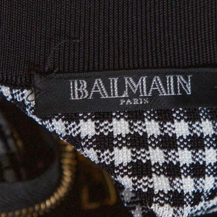 Pre Owned Balmain Monochrome Gingham Knit Pleated Structured Skirt S