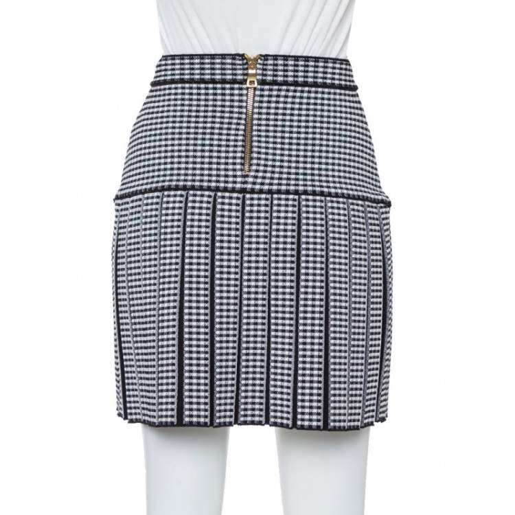 Pre Owned Balmain Monochrome Gingham Knit Pleated Structured Skirt S