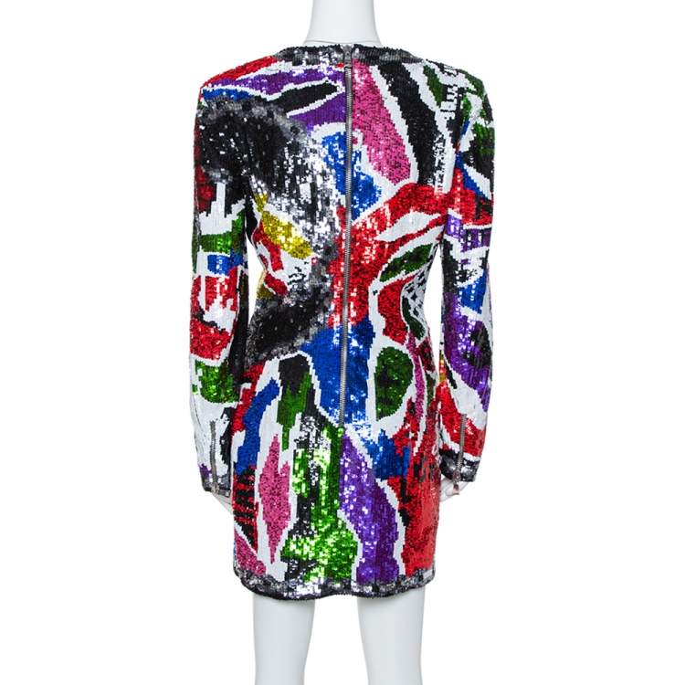 Pre Owned Balmain Multicolor Abstract Sequin Embellished Fitted Mini Dress L