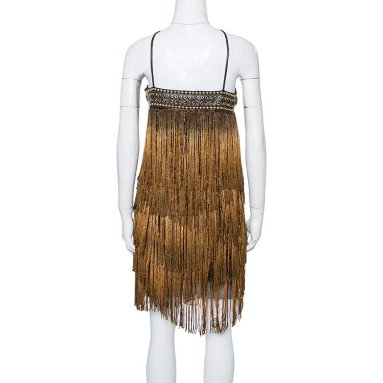 Pre Owned Balmain Gold Fringed Stud Embellished Fitted Mini Dress M