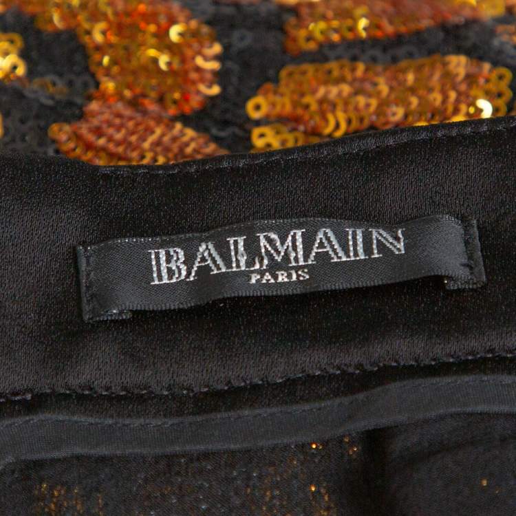 Pre Owned Balmain Gold & Black Sequined Flared Trousers L