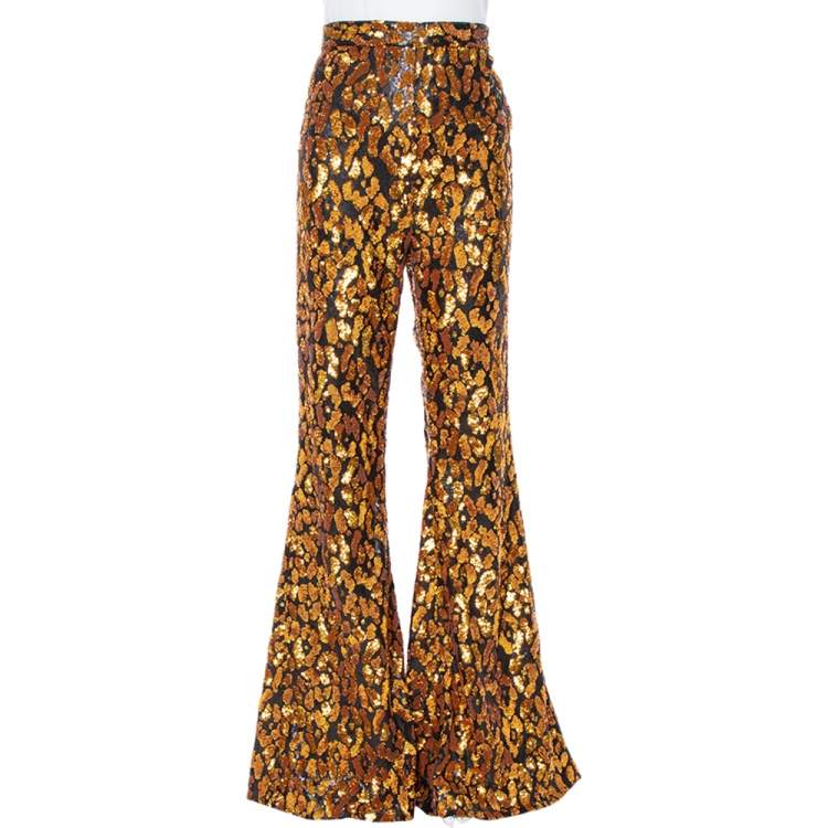 Pre Owned Balmain Gold & Black Sequined Flared Trousers L