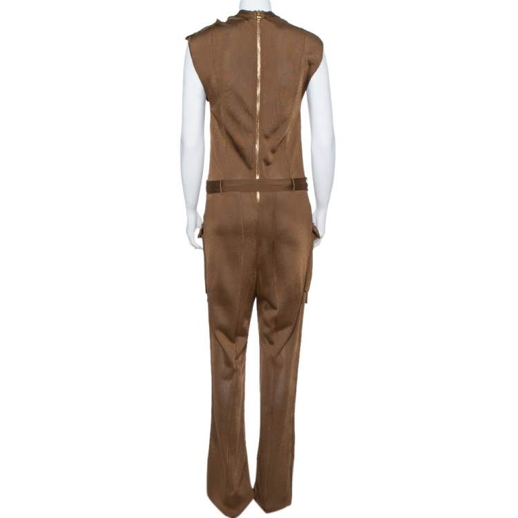 Pre Owned Balmain Metallic Brown Stretch Knit Sleeveless Safari Jumpsuit L 