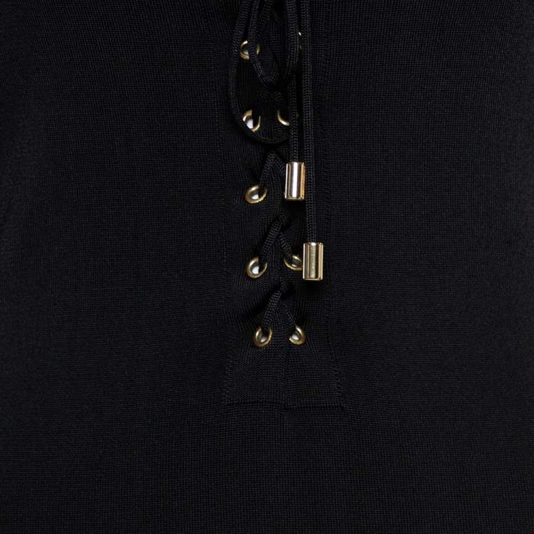 Pre Owned Balmain Black Stretch Knit Lace-up Midi Dress M