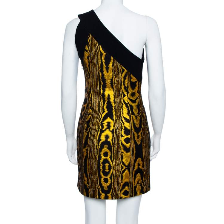 Pre Owned Balmain Black & Gold Jacquard Stripe One Shoulder Mini Dress M