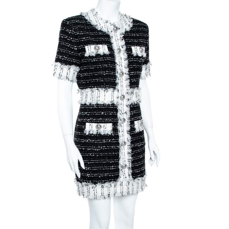 Pre Owned Balmain Monochrome Cotton Blend Tweed Mini Dress L