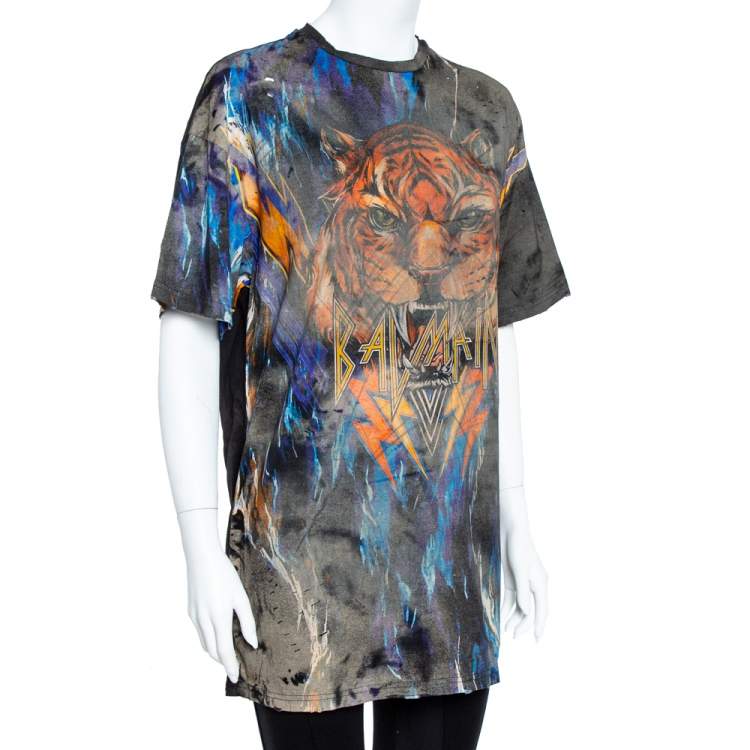 Mig dræbe Strædet thong Balmain Multicolor Cotton Faded Tiger Print Distressed Oversized T-Shirt M  Balmain | TLC