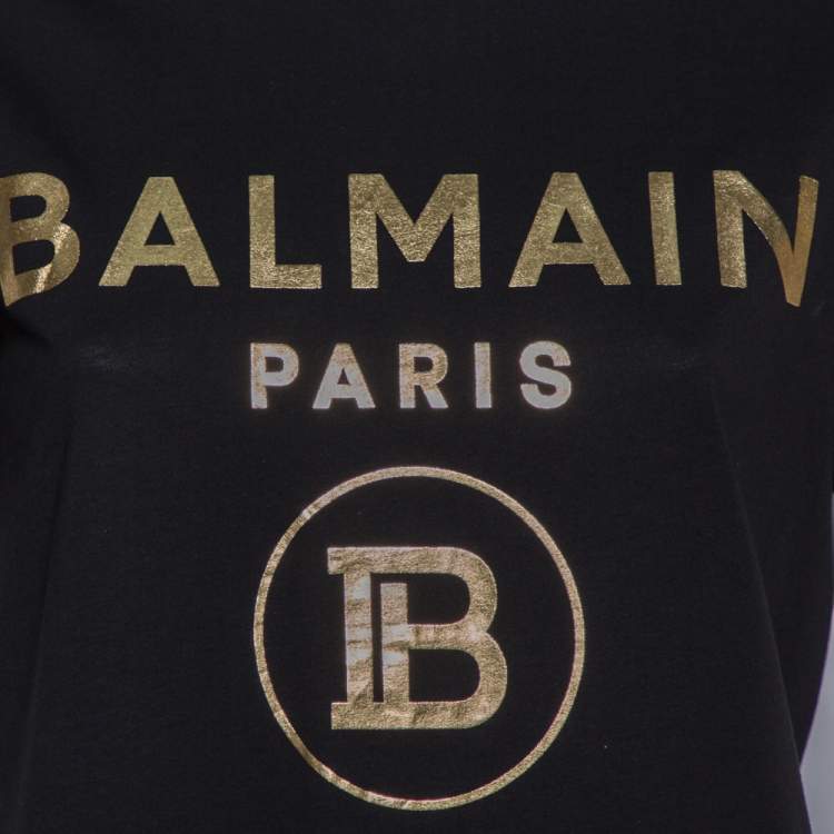 Pre Owned Balmain Black Cotton Knit Metallic Logo Print T-Shirt M