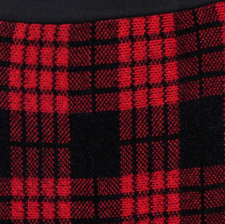 Pre Owned Balmain Red/Black Checkered Tweed Fringe Skirt M