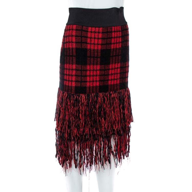 Pre Owned Balmain Red/Black Checkered Tweed Fringe Skirt M