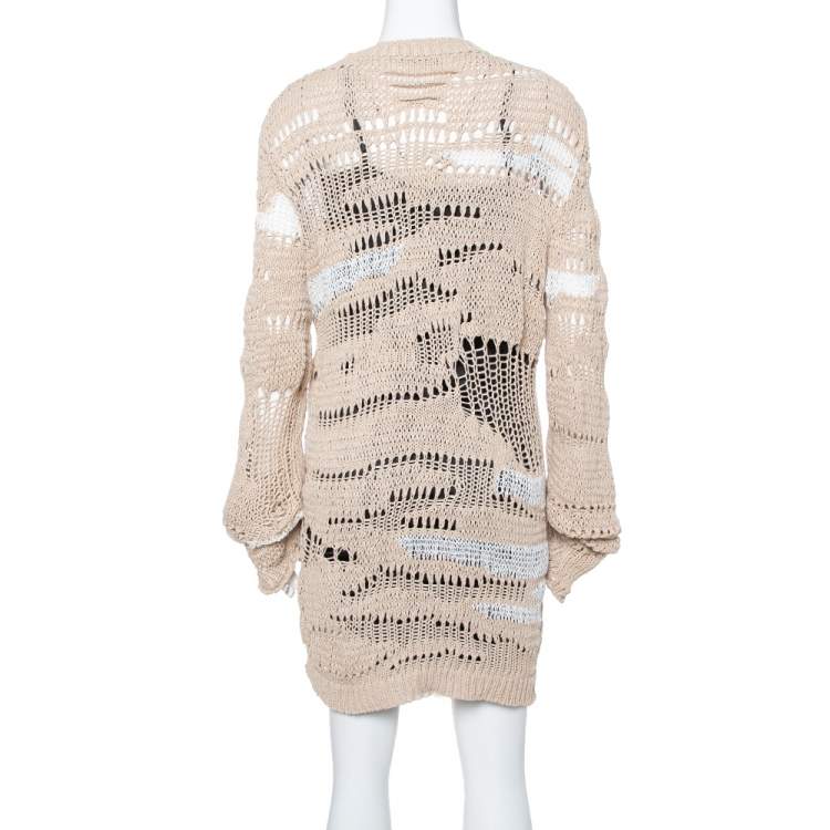 Pre Owned Balmain Beige & White Distressed Linen Knit Crew Neck Sweater M