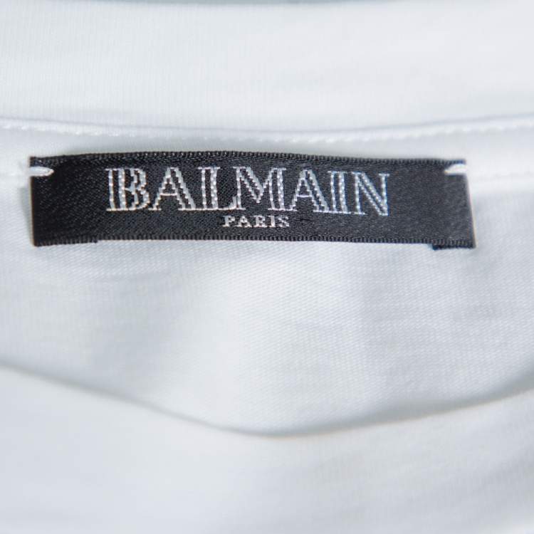 Pre Owned Balmain White Cotton Gold Logo Printed Button Detail Crewneck T Shirt S