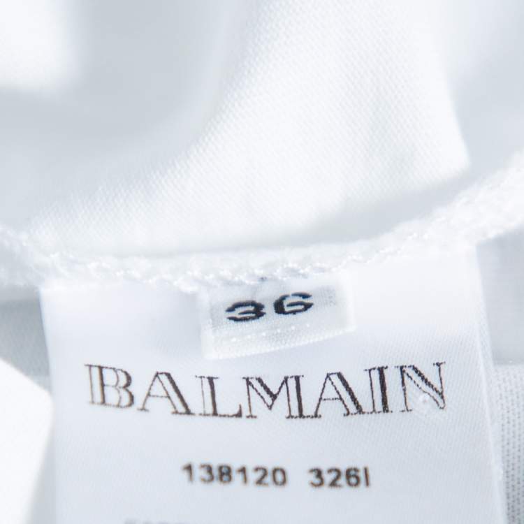 Pre Owned Balmain White Cotton Gold Logo Printed Button Detail Crewneck T Shirt S