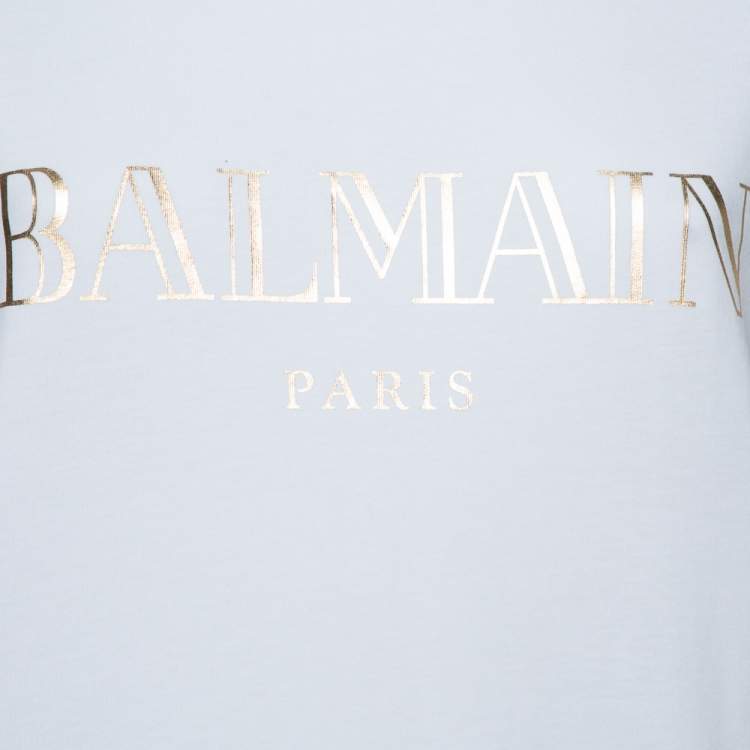 Pre Owned Balmain White Cotton Gold Logo Printed Button Detail Crewneck T Shirt S