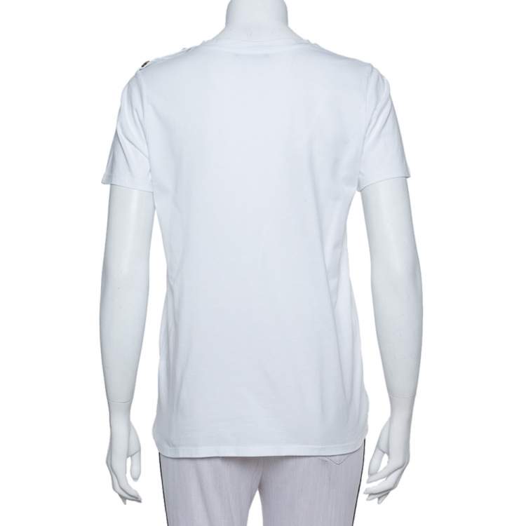 Pre Owned Balmain White Cotton Gold Logo Printed Button Detail Crewneck T Shirt S