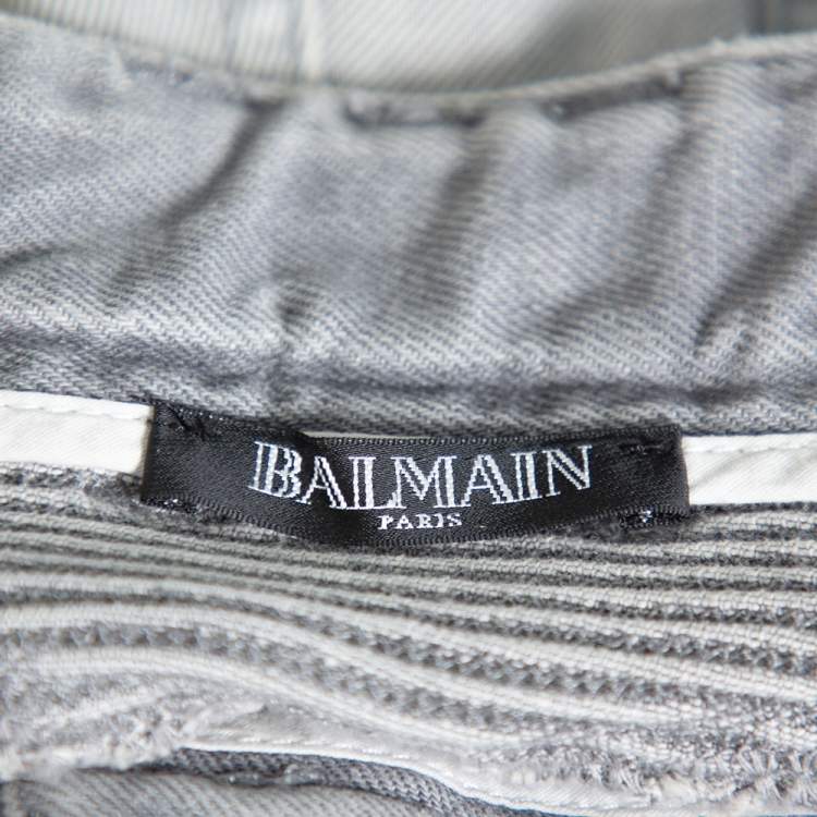 Pre Owned Balmain Grey Denim Quilted Detail Skinny Jeans M