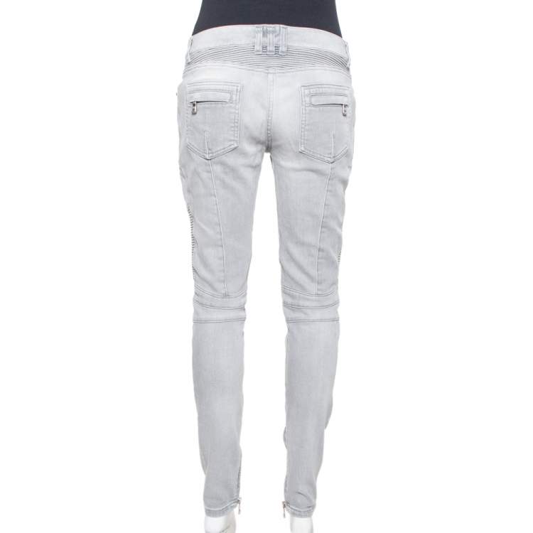 Pre Owned Balmain Grey Denim Quilted Detail Skinny Jeans M