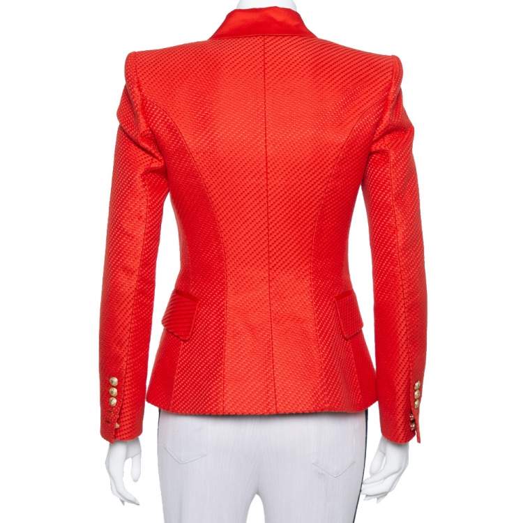 Pre Owned Balmain Red Textured Cotton & Silk Double Breasted Blazer M