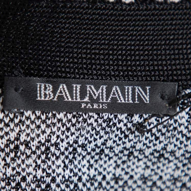 Pre Owned Balmain Monochrome Houndstooth Patterned Knit Belted Long Cardigan S