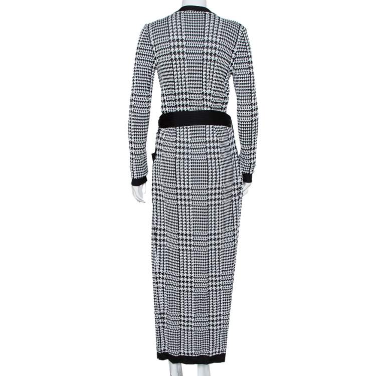 Pre Owned Balmain Monochrome Houndstooth Patterned Knit Belted Long Cardigan S