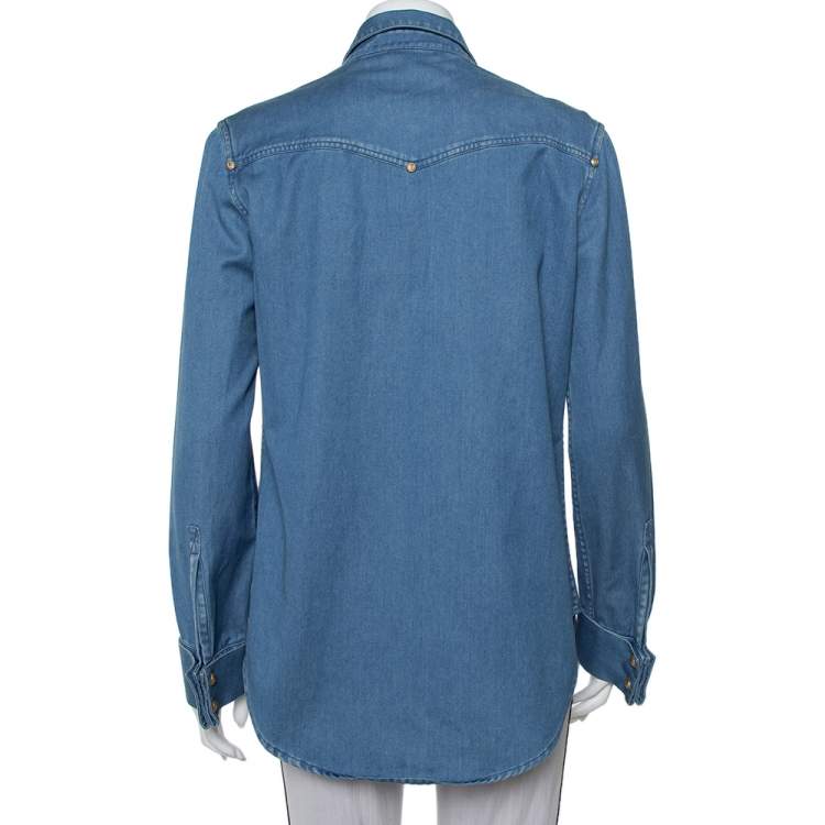 Pre Owned Balmain Blue Denim Gold Button Detail Long Sleeve Shirt M